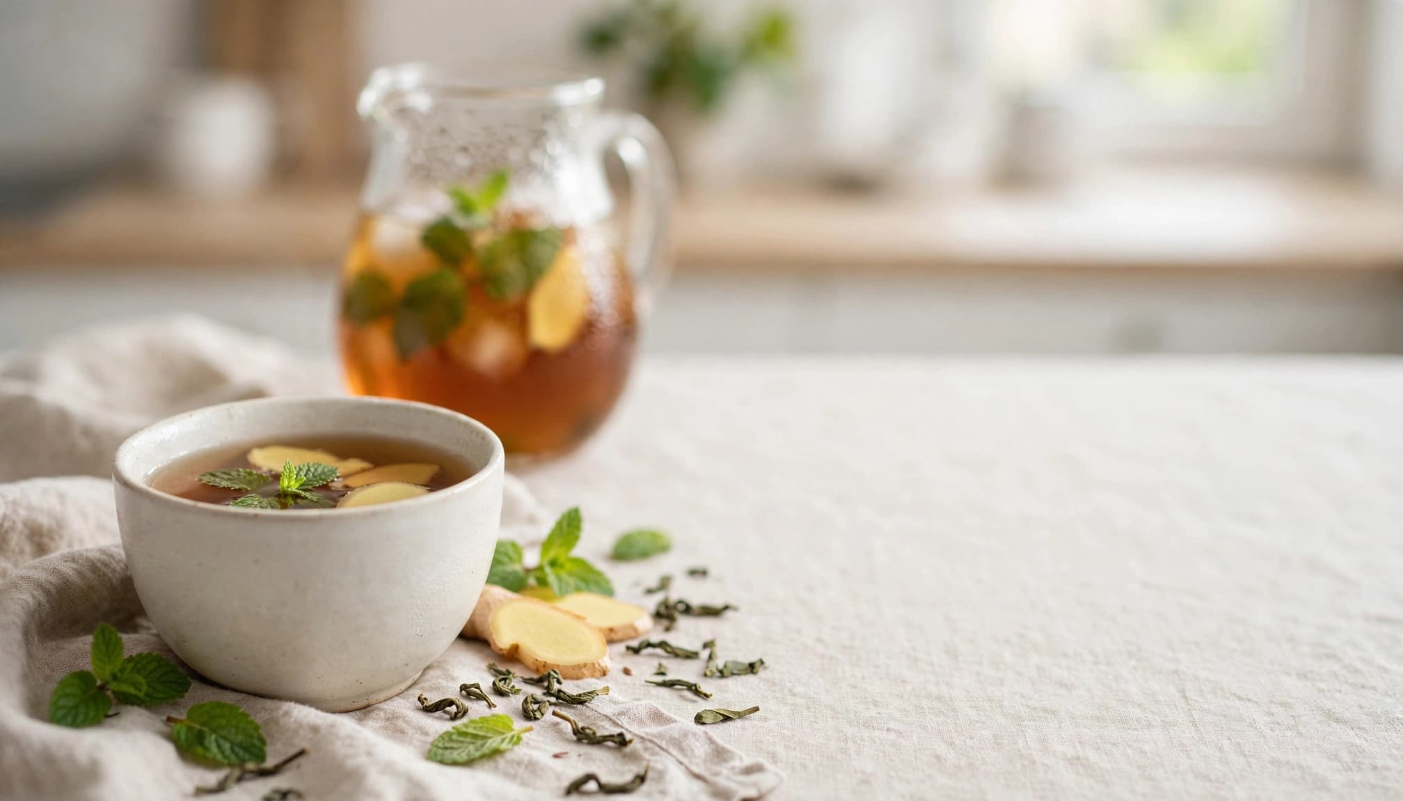 A cup of herbal tea with ginger and mint beside a glass pitcher.
