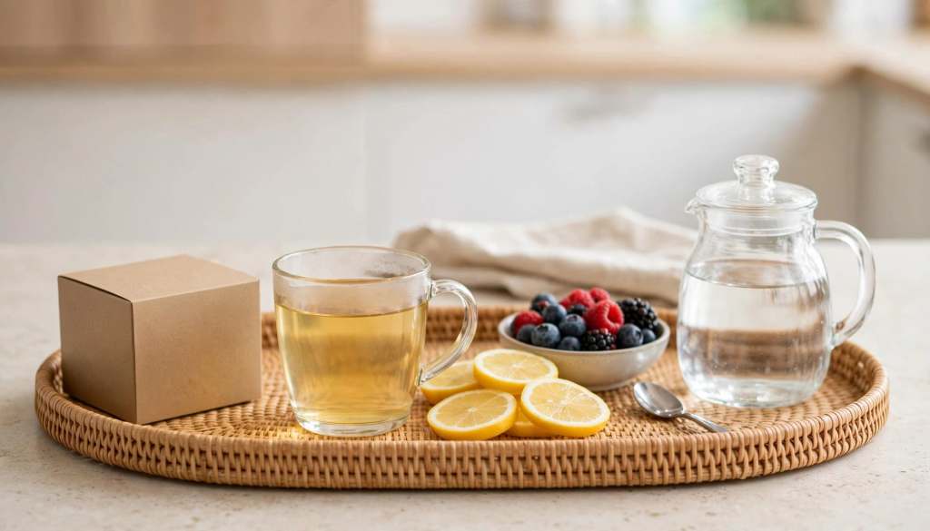 Unsweetened tea with lemon, berries, and water prepared as a simple, repeatable low-calorie routine.
