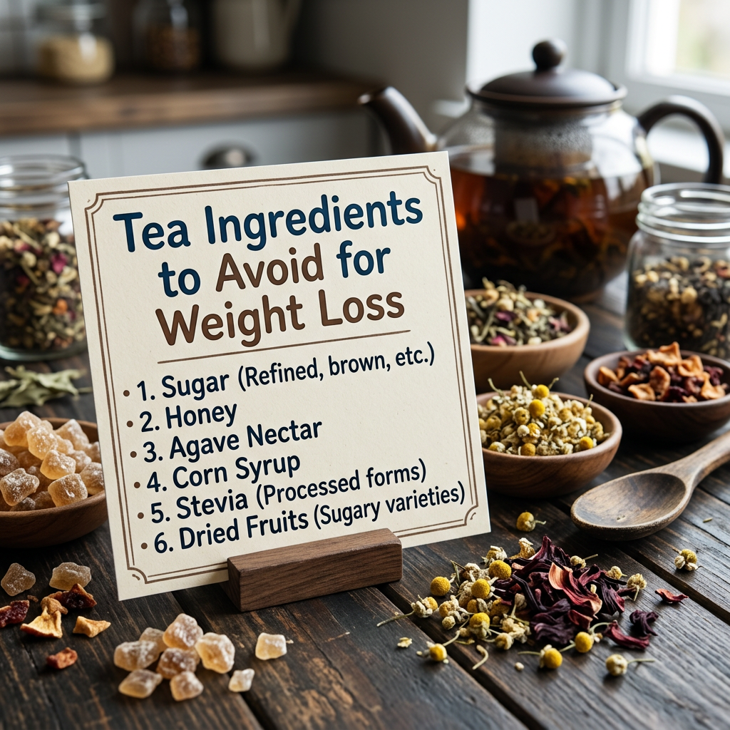 Sign reading Tea Ingredients to Avoid for Weight Loss, listing sugar, honey, agave nectar, corn syrup, processed stevia, and sugary dried fruits