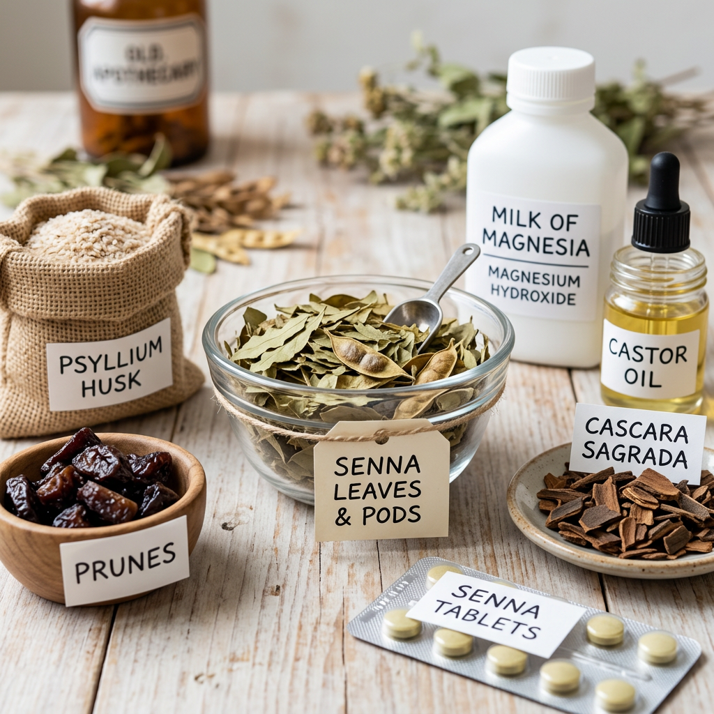 Labeled psyllium husk, prunes, senna, castor oil, cascara sagrada, and milk of magnesia