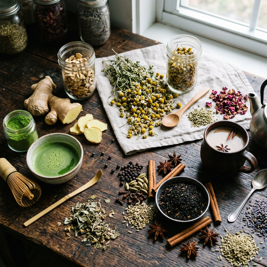 Herbs, spices, matcha, tea, ginger, and teaware arranged on a wooden table