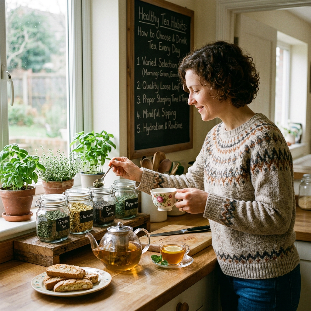 Woman preparing tea beside labeled jars and chalkboard reading Healthy Tea Habits