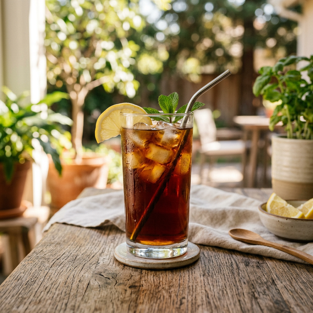 Glass of iced tea with lemon, mint, ice, and metal straw