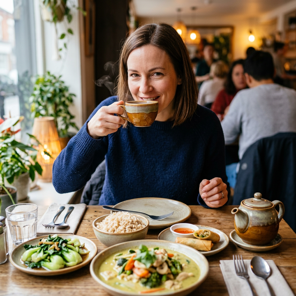 Smiling woman drinking tea at a café table with assorted dishes