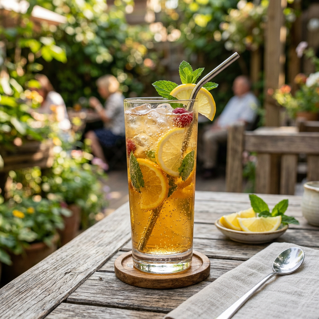 Sparkling citrus and mint drink with ice, raspberries, and lemon slices on a garden café table