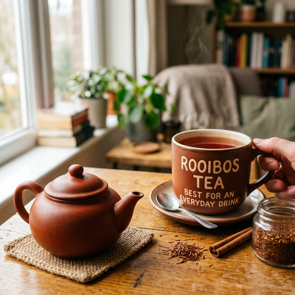 Hand holding a mug labeled “ROOIBOS TEA BEST FOR AN EVERYDAY DRINK”