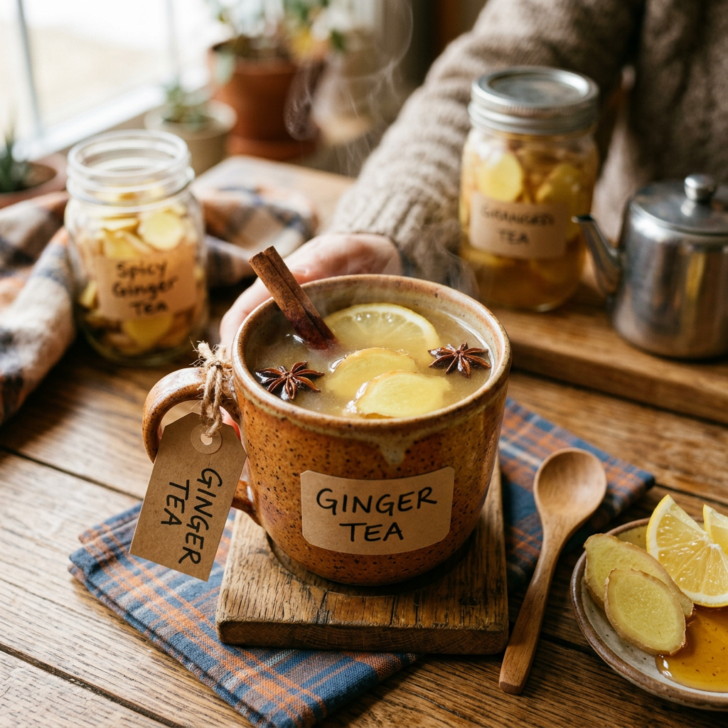 Steaming mug labeled Ginger Tea with lemon, ginger, cinnamon, and star anise