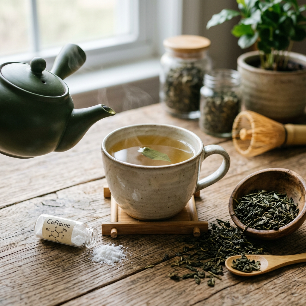 Steaming cup of green tea with visible “Caffeine” label