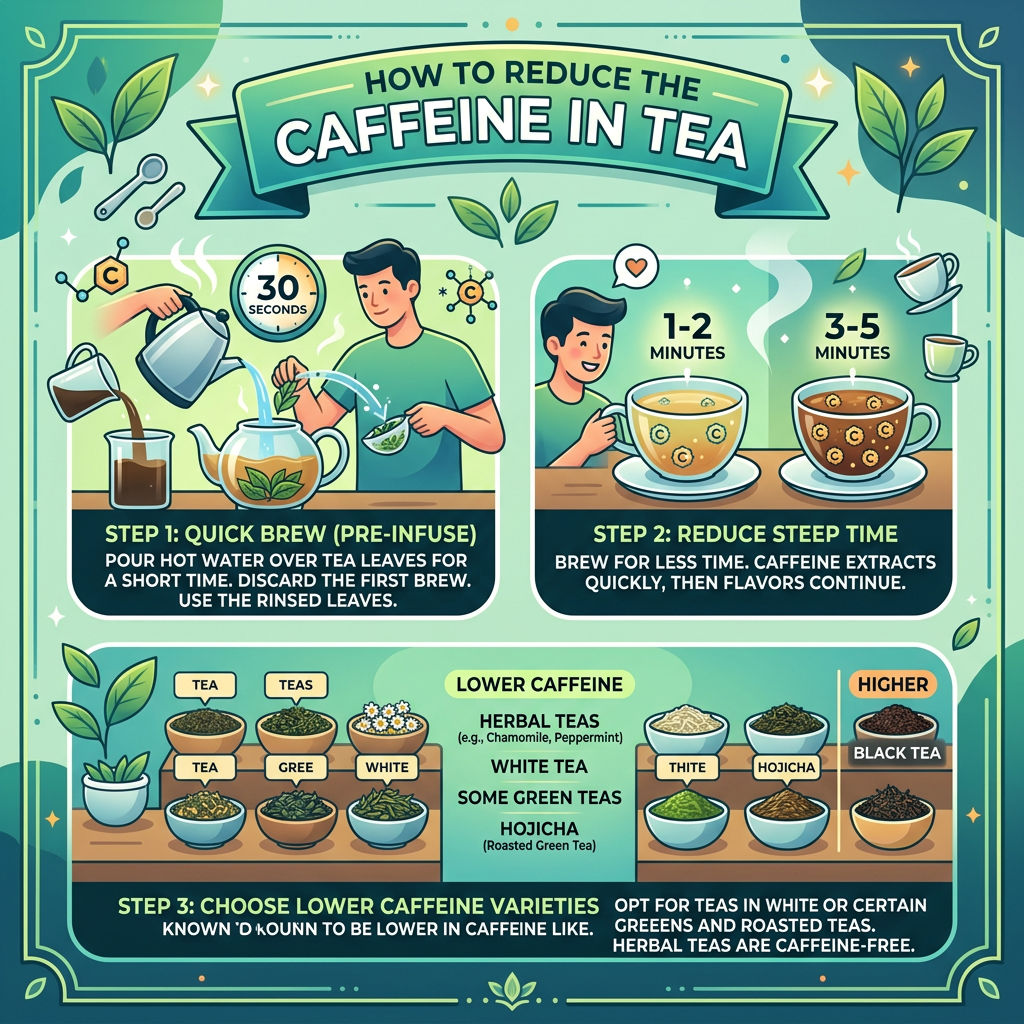 Infographic: How to reduce caffeine in tea—quick brew, shorter steeping, and lower-caffeine varieties.