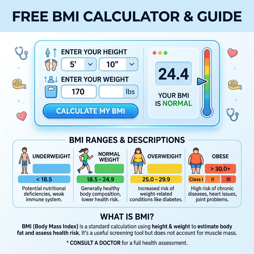 Free BMI Calculator & Guide; height 5 feet 10 inches, weight 170 lbs, BMI 24.4, normal; BMI ranges: underweight below 18.5, normal weight 18.5–24.9, overweight 25.0–29.9, obese above 30.0; BMI estimates body fat and health risk; consult a doctor.