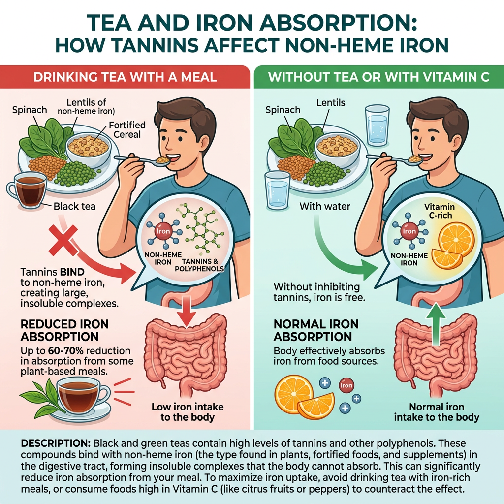 Infographic comparing tea-inhibited and vitamin C-supported non-heme iron absorption