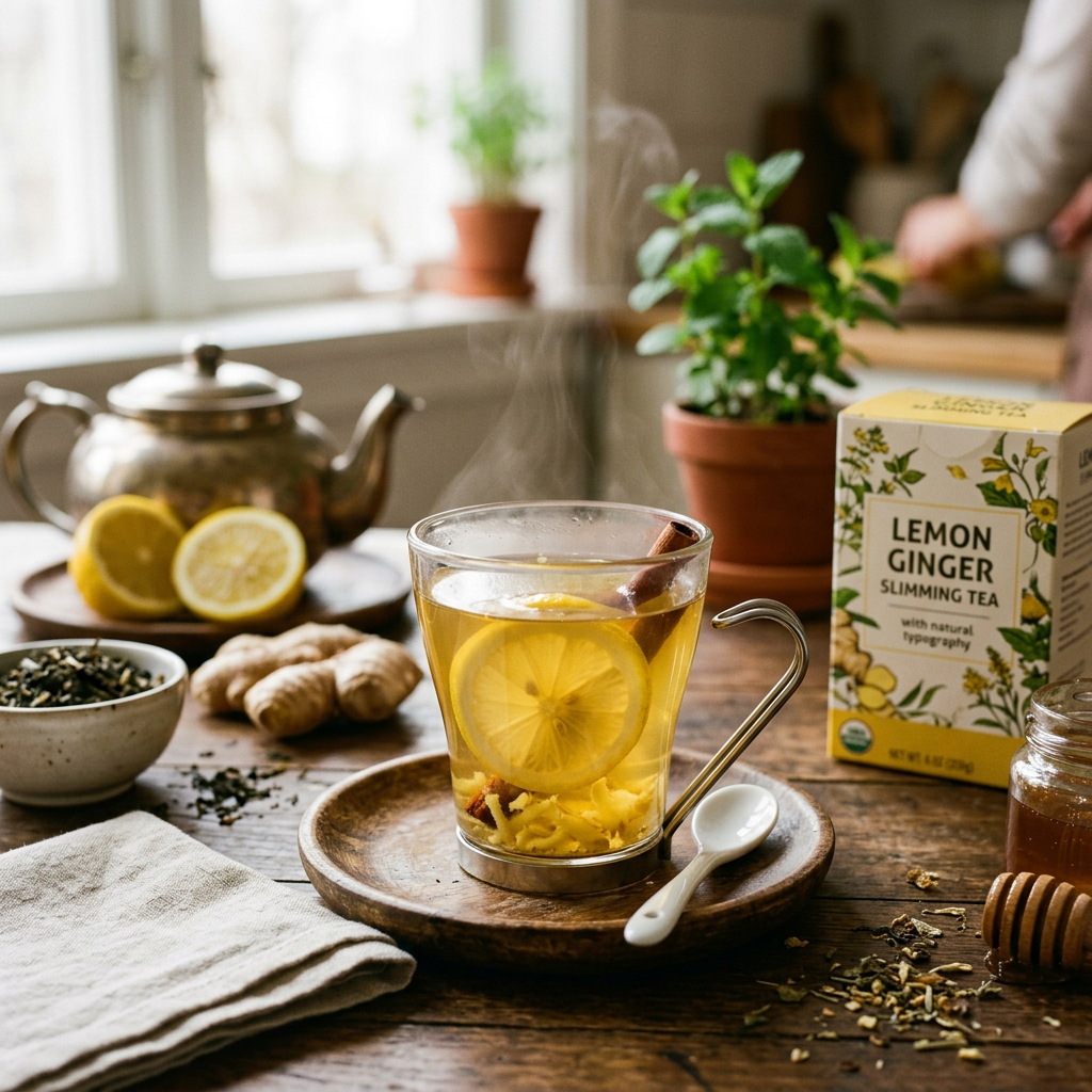 Steaming lemon ginger tea with lemon, ginger, honey, and tea packaging