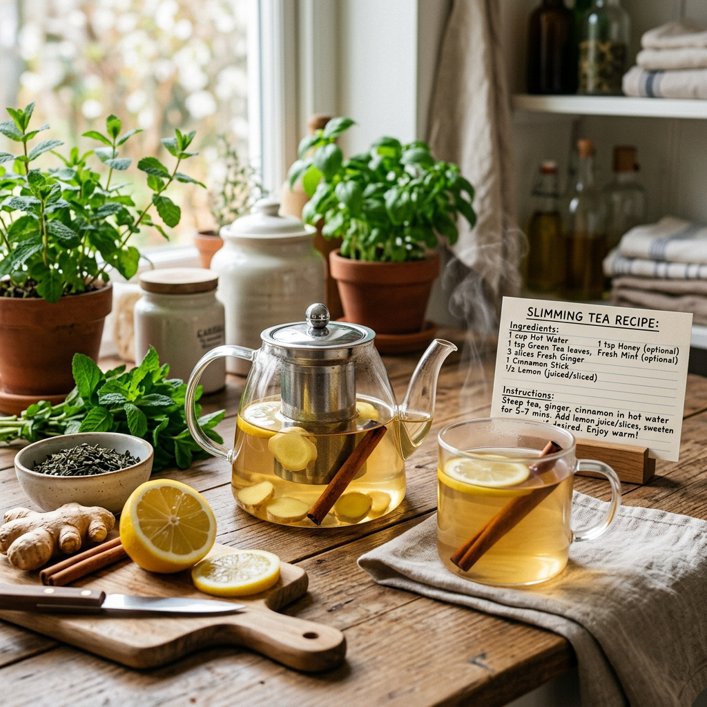 Slimming Tea Recipe: Ingredients: 1 cup hot water; 1 teaspoon honey optional; 1 teaspoon green tea leaves; 1 teaspoon fresh mint optional; 3 slices fresh ginger; 1 cinnamon stick; 1/2 lemon juiced or sliced. Instructions: Steep tea, ginger, and cinnamon in hot water for 5–7 minutes. Add lemon juice or slices, sweeten if desired, and enjoy warm.