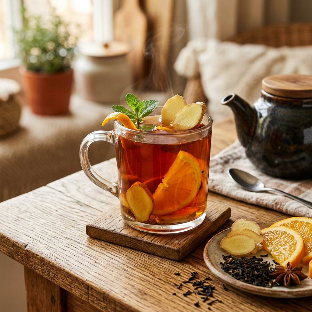 Steaming glass of citrus ginger tea beside a teapot and ingredients