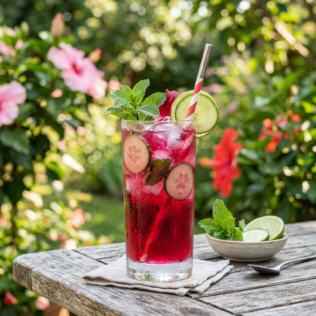 Red cucumber and mint drink garnished with lime on garden table
