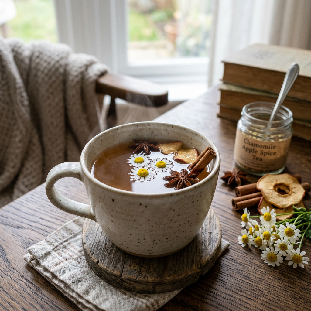 Steaming chamomile tea with apple, cinnamon, star anise, and chamomile flowers