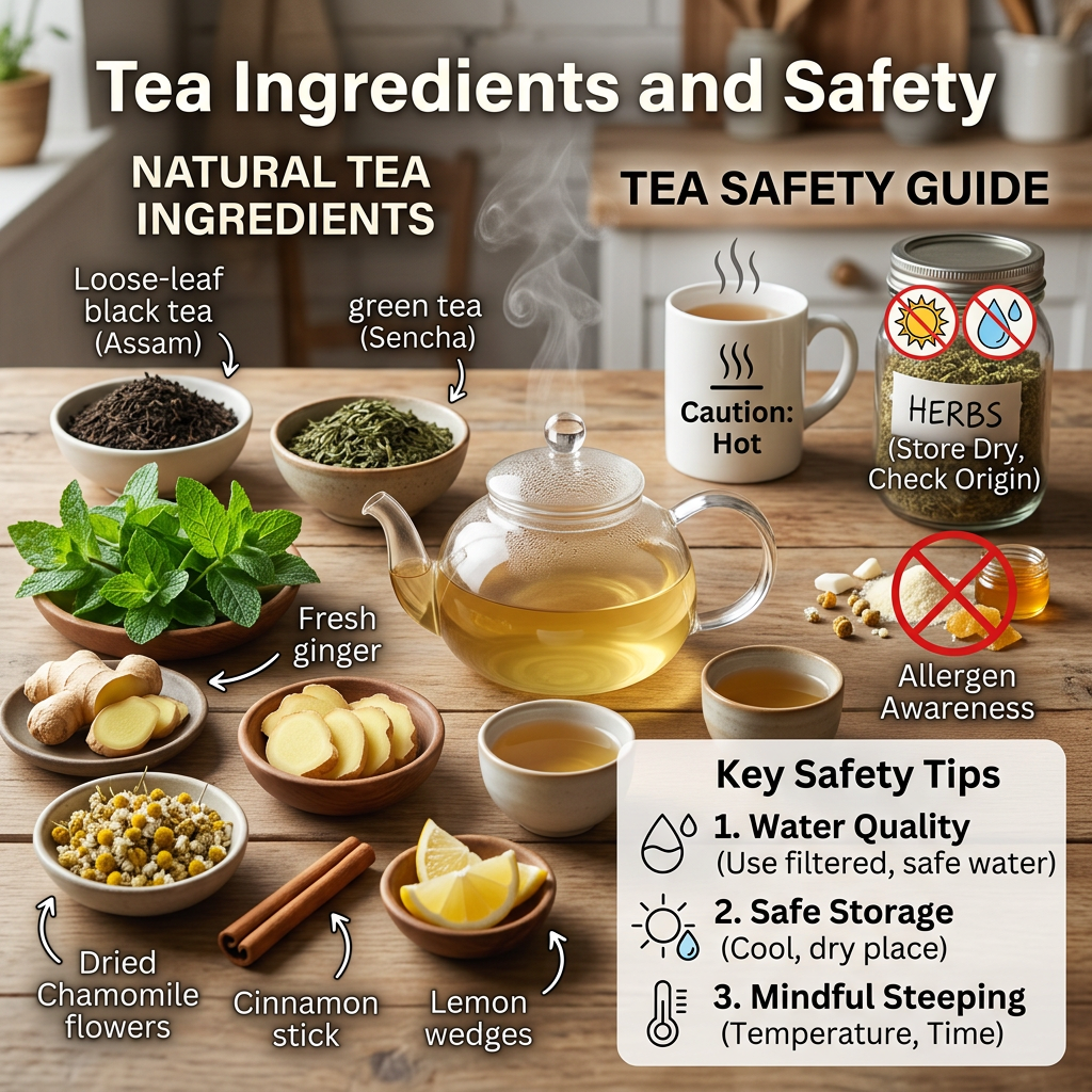Tea Ingredients and Safety; Natural Tea Ingredients: loose-leaf black tea (Assam), green tea (Sencha), fresh ginger, dried chamomile flowers, cinnamon stick, lemon wedges; Tea Safety Guide: Caution: Hot, Herbs (Store Dry, Check Origin), Allergen Awareness; Key Safety Tips: 1. Water Quality (Use filtered, safe water), 2. Safe Storage (Cool, dry place), 3. Mindful Steeping (Temperature, Time).