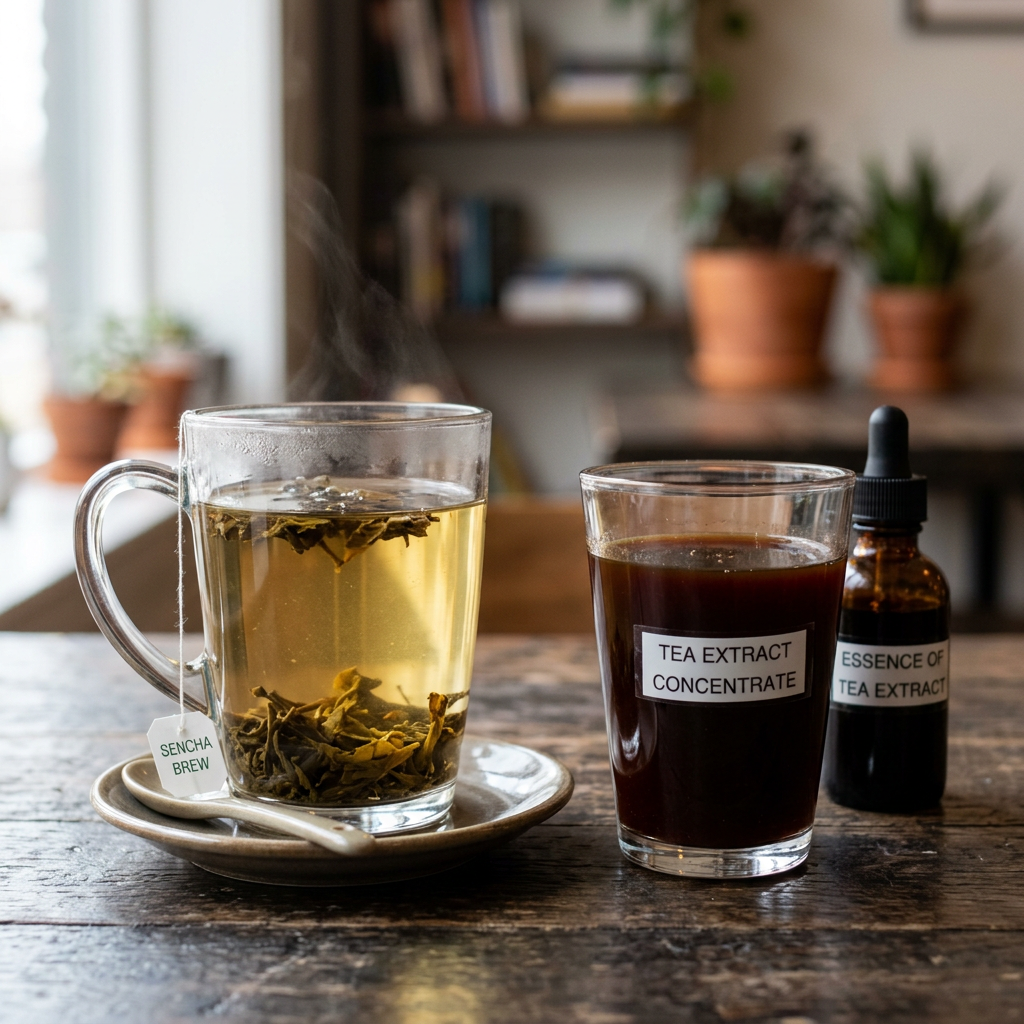 Sencha tea beside labeled tea extract concentrate and essence bottle