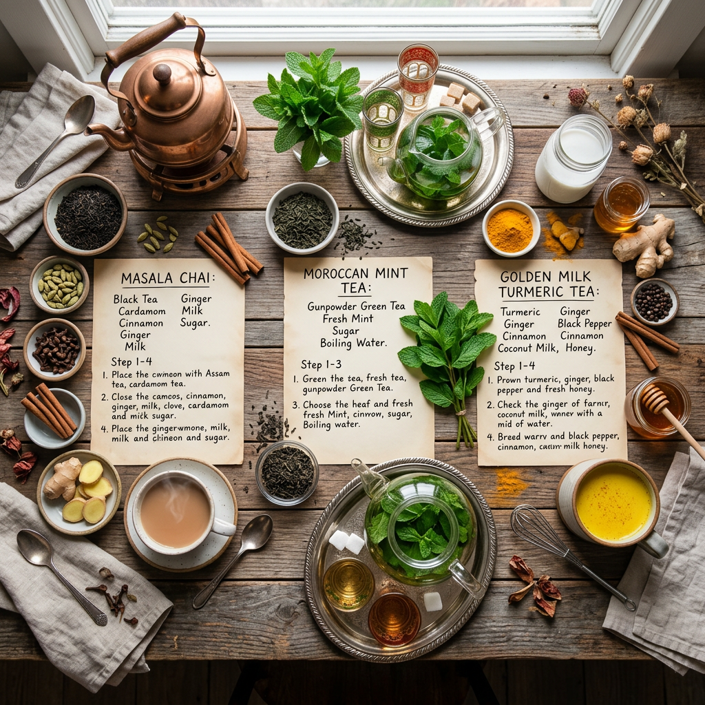 Tea Recipes .Recipe cards for Masala Chai, Moroccan Mint Tea, and Golden Milk Turmeric Tea surrounded by tea ingredients and prepared drinks.