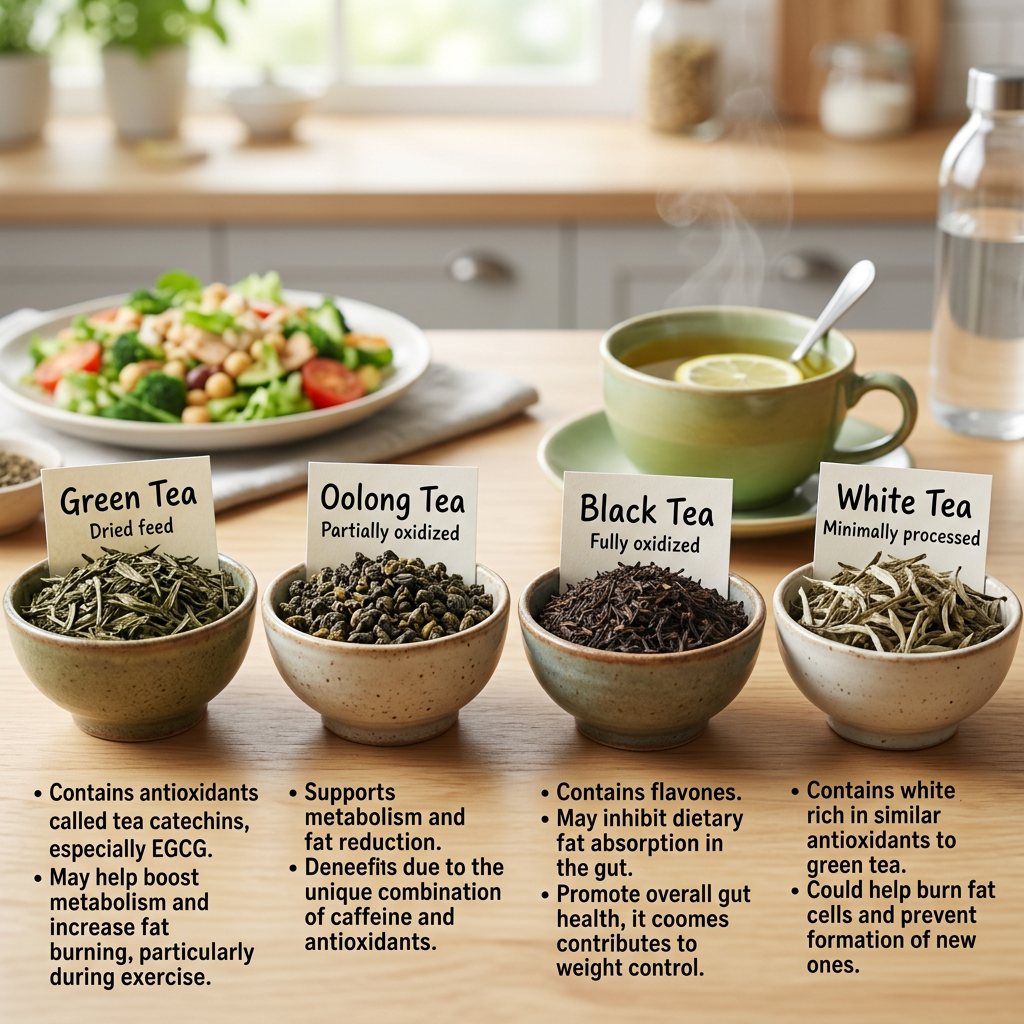 Four bowls labeled Green Tea—Dried feed; Oolong Tea—Partially oxidized; Black Tea—Fully oxidized; White Tea—Minimally processed. Text lists benefits including antioxidants, metabolism and fat reduction, gut health, and weight control.