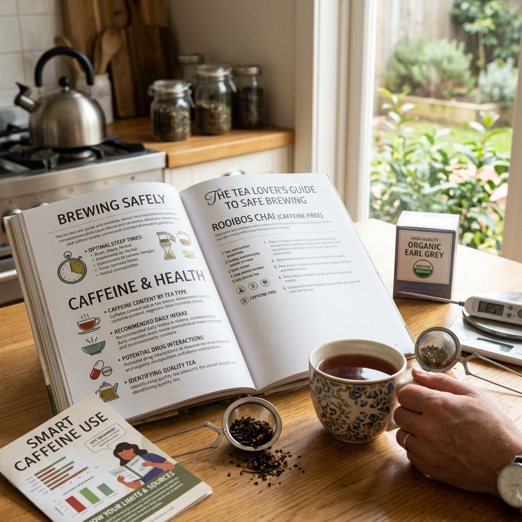 Open guide titled “Brewing Safely” and “The Tea Lover’s Guide to Safe Brewing” beside tea supplies