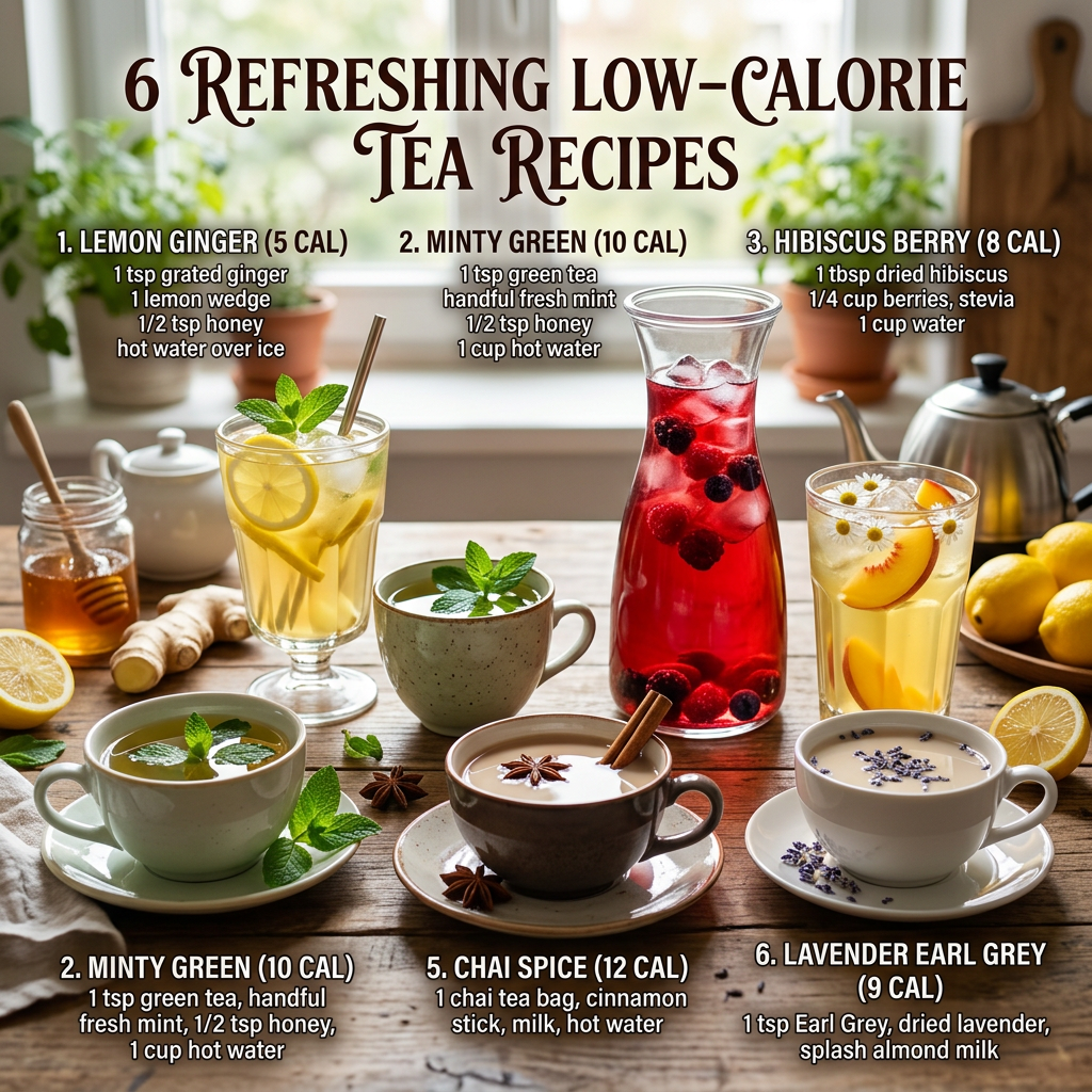 6 Refreshing Low-Calorie Tea Recipes: 1. Lemon Ginger (5 cal.) 1 tsp grated ginger, 1 lemon wedge, 1/2 tsp honey, hot water over ice. 2. Minty Green (10 cal.) 1 tsp green tea, handful fresh mint, 1/2 tsp honey, 1 cup hot water. 3. Hibiscus Berry (8 cal.) 1 tbsp dried hibiscus, 1/4 cup berries, stevia, 1 cup water. 5. Chai Spice (12 cal.) 1 chai tea bag, cinnamon stick, milk, hot water. 6. Lavender Earl Grey (9 cal.) 1 tsp Earl Grey, dried lavender, splash almond milk.