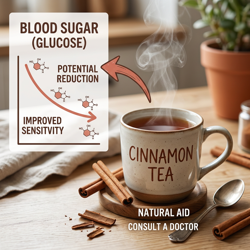 Cinnamon tea beside a chart labeled blood sugar glucose and potential reduction