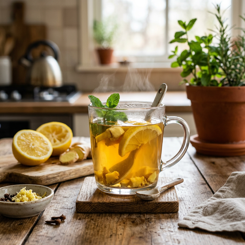 Steaming glass of lemon ginger tea with lemon slices and mint