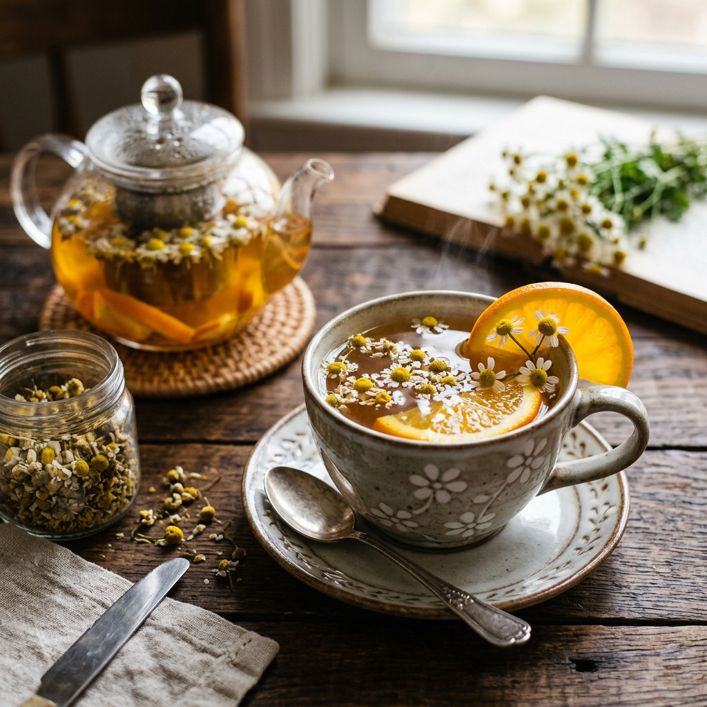 Chamomile tea with orange slices, teapot, flowers, and dried herbs