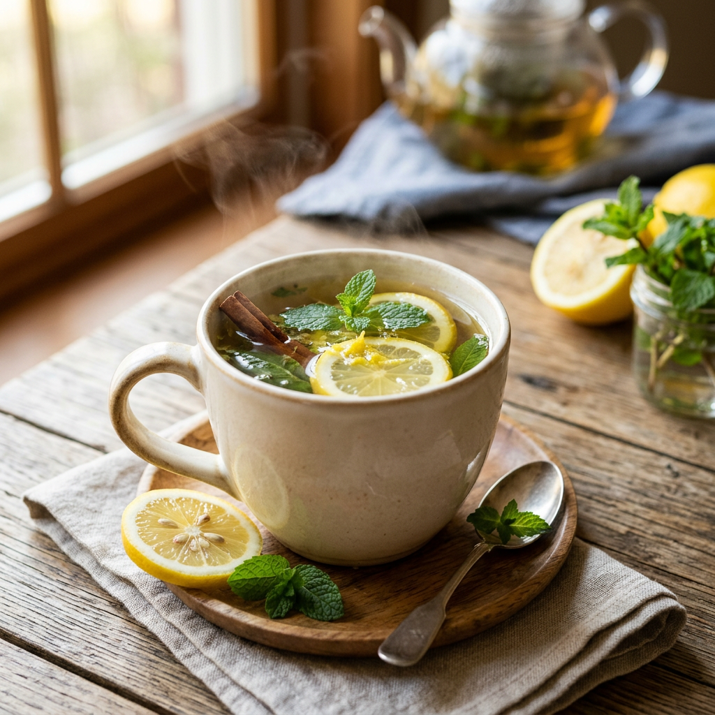 Steaming cup of lemon mint tea with cinnamon and fresh lemon slices