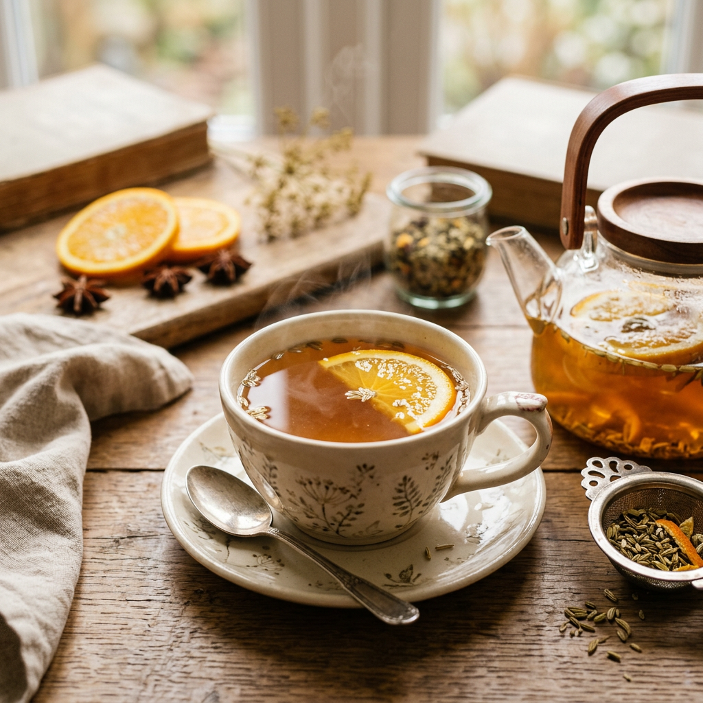 Cup of citrus tea with teapot, orange slices, spices, and spoon