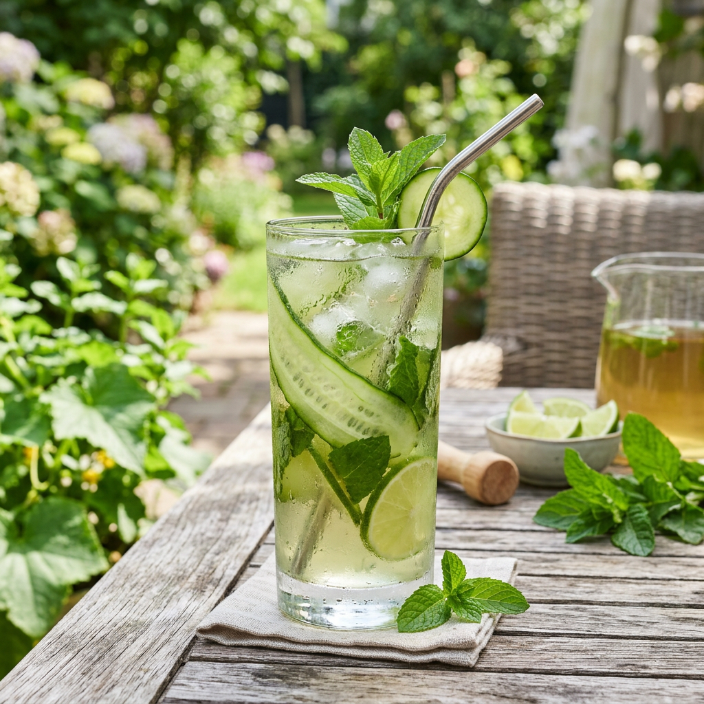 Glass of cucumber mint lime drink with ice and metal straw