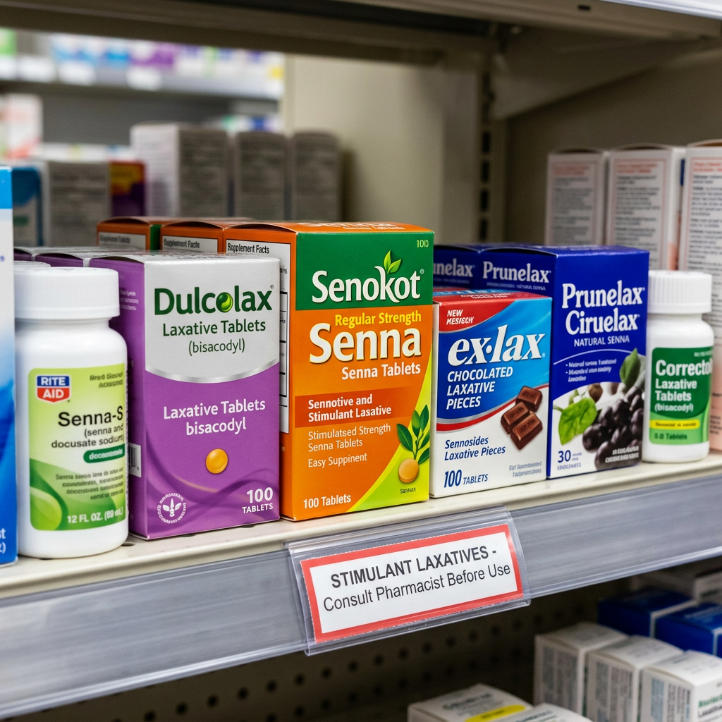 Shelf of laxatives labeled Dulcolax, Senokot, Ex-Lax, and Prunelax; sign says consult pharmacist before use.