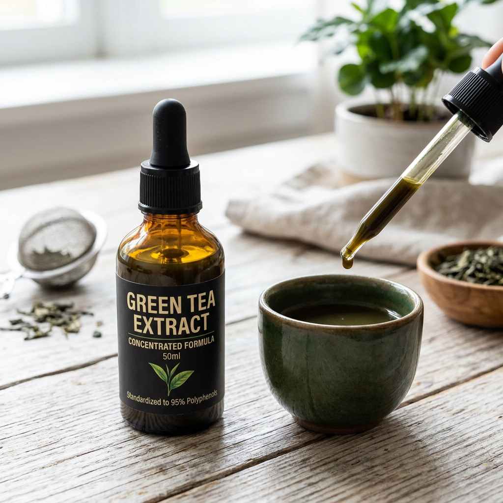 Green Tea Extract bottle labeled Concentrated Formula, 50ml, Standardized to 95% Polyphenols, beside a dropper and tea cup