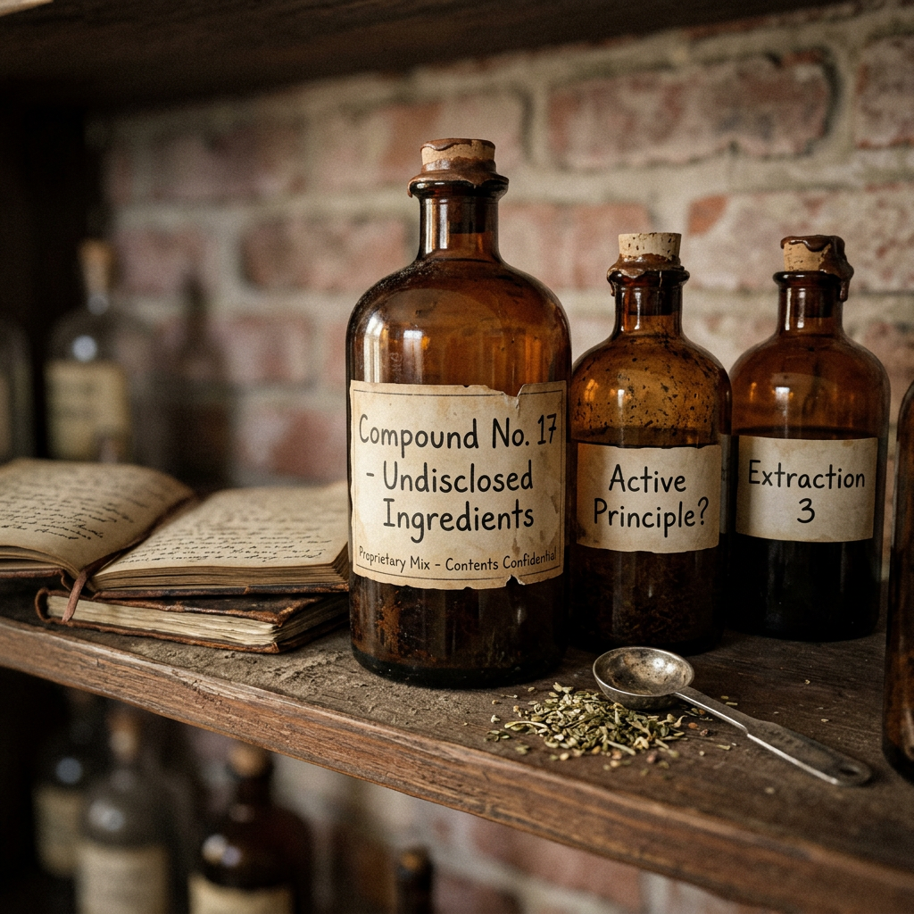 Three amber bottles labeled "Compound No. 17 - Undisclosed Ingredients," "Active Principle?," and "Extraction 3" beside an open notebook and herbs.