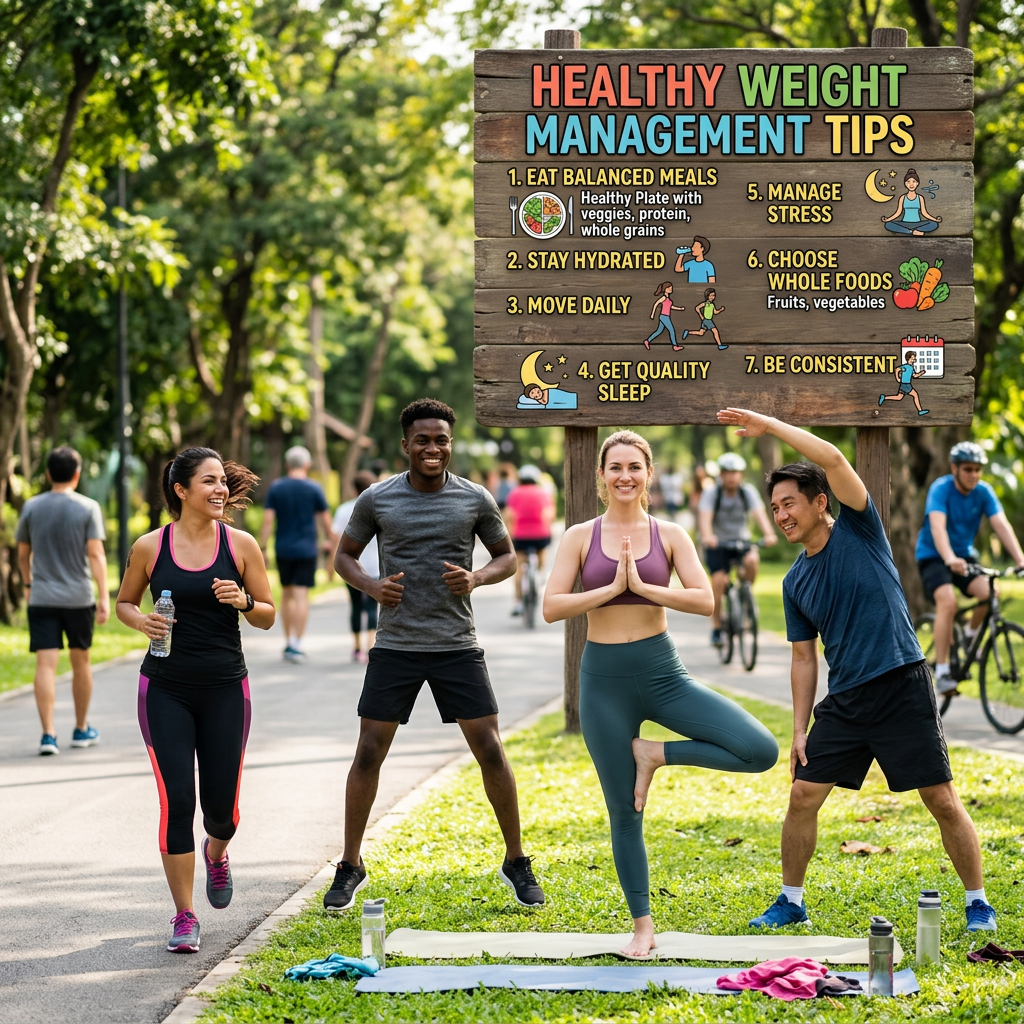 People exercising in a park beneath a sign listing seven healthy weight management tips