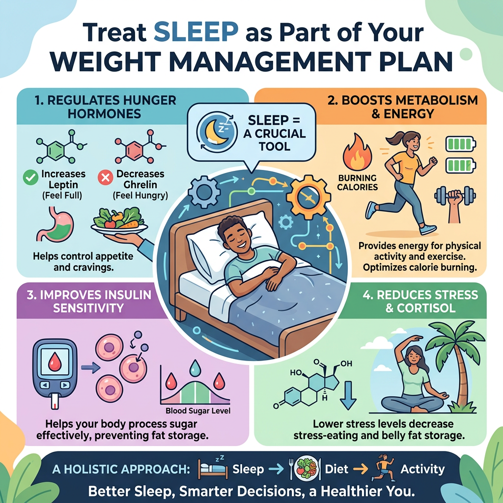 Treat SLEEP as Part of Your WEIGHT MANAGEMENT PLAN. 1. REGULATES HUNGER HORMONES: Increases Leptin (Feel Full), Decreases Ghrelin (Feel Hungry), Helps control appetite and cravings. 2. BOOSTS METABOLISM & ENERGY: Burning Calories, Provides energy for physical activity and exercise. Optimizes calorie burning. Sleep = A Crucial Tool. 3. IMPROVES INSULIN SENSITIVITY: Helps your body process sugar effectively, preventing fat storage. Blood Sugar Level. 4. REDUCES STRESS & CORTISOL: Lower stress levels decrease stress-eating and belly fat storage. A HOLISTIC APPROACH: Sleep → Diet → Activity. Better Sleep, Smarter Decisions, a Healthier You.