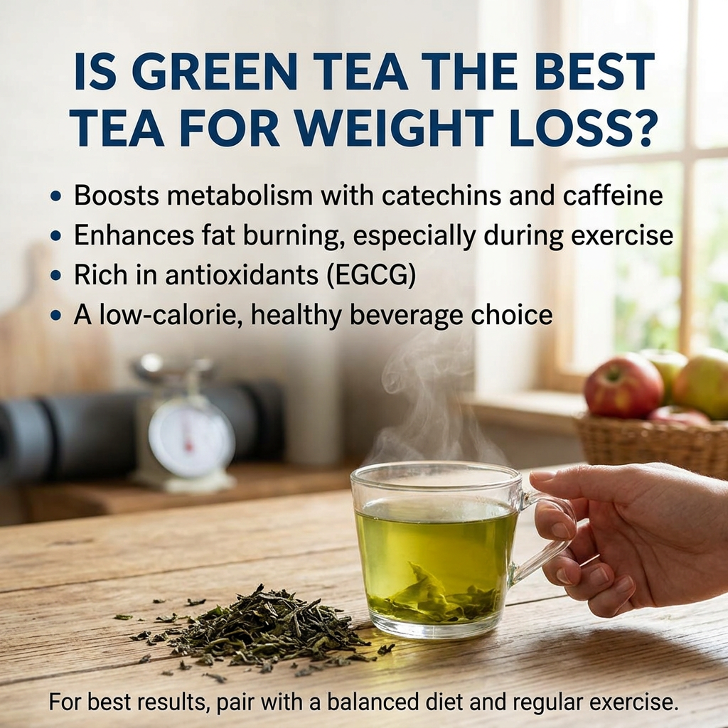 Infographic asking whether green tea is best for weight loss, listing four benefits and advising balanced diet and exercise