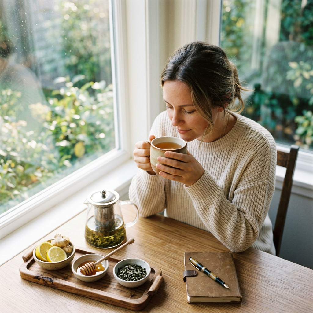 Woman sipping tea beside a window with lemon, honey, herbs, and journal