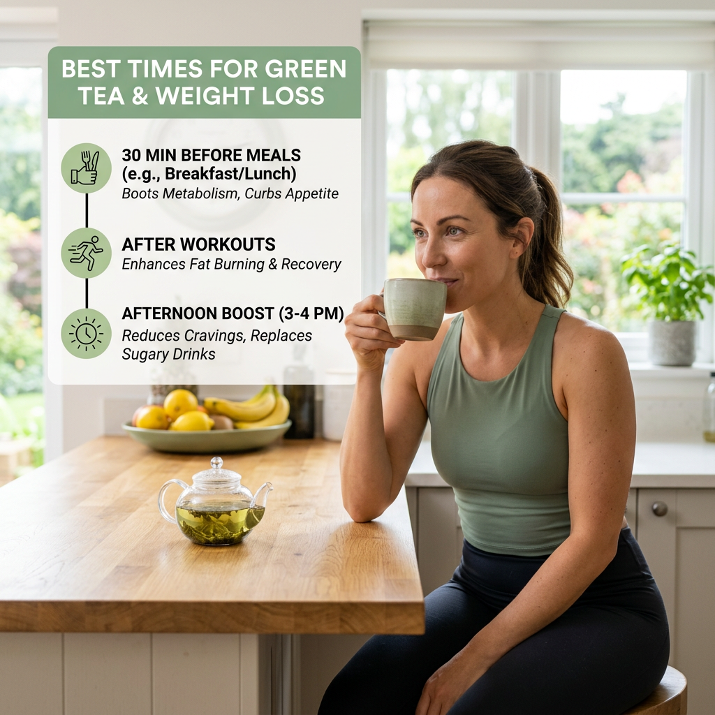 Infographic text: BEST TIMES FOR GREEN TEA & WEIGHT LOSS; 30 MIN BEFORE MEALS (e.g., Breakfast/Lunch) Boots Metabolism, Curbs Appetite; AFTER WORKOUTS Enhances Fat Burning & Recovery; AFTERNOON BOOST (3-4 PM) Reduces Cravings, Replaces Sugary Drinks. A woman drinks green tea in a bright kitchen.