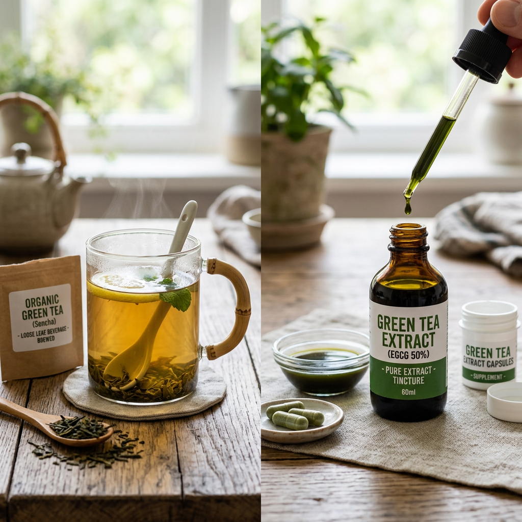 Brewed green tea beside loose leaves, extract tincture, and capsules