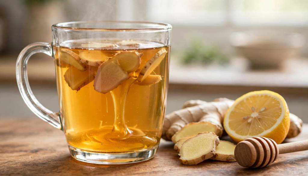 Glass mug of warm honey ginger tea steeping with fresh ginger slices, lemon, and a honey dipper on a wooden counter.