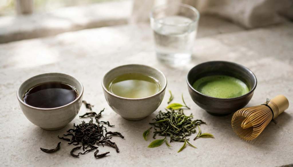 Three cups of tea with loose leaves, matcha powder, a whisk, and a glass of water