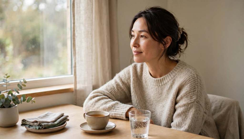 Woman sitting by a window with a cup of tea and a glass of water