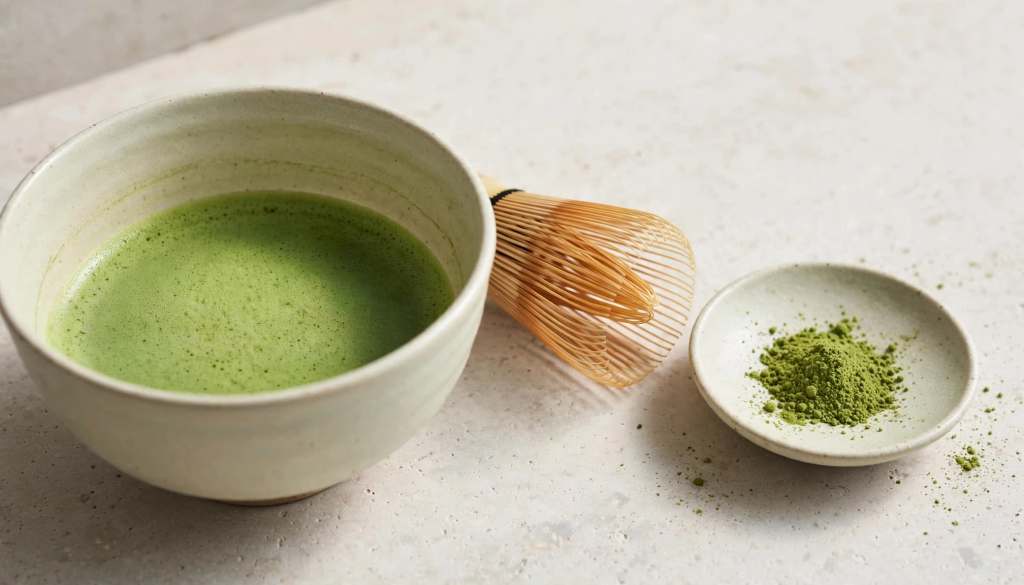 A bowl of matcha with a bamboo whisk and matcha powder