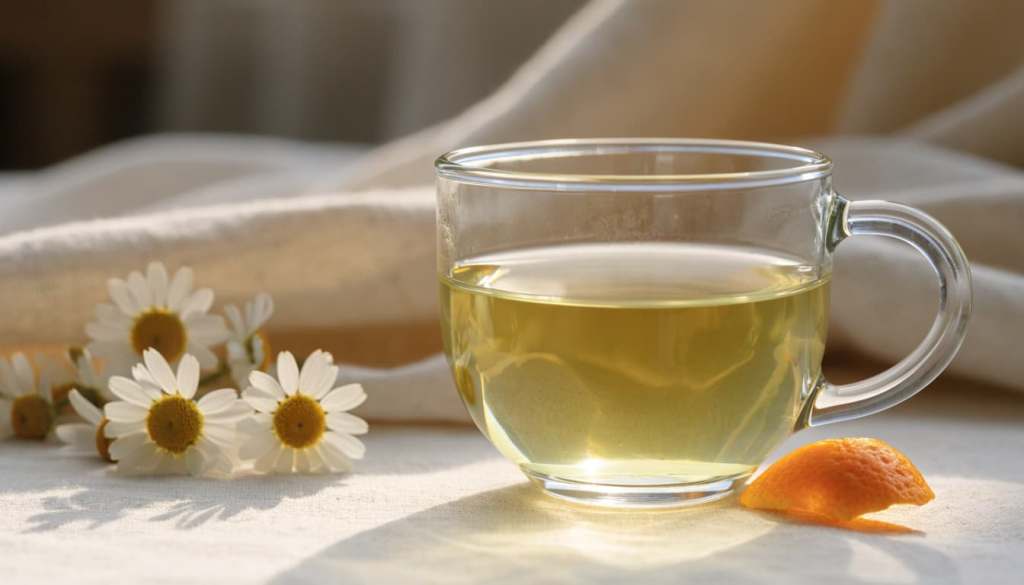 Chamomile tea with chamomile flowers and a strip of orange peel