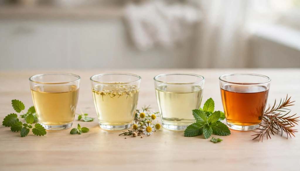 Four cups of herbal tea arranged for a comparison of flavor and ingredients