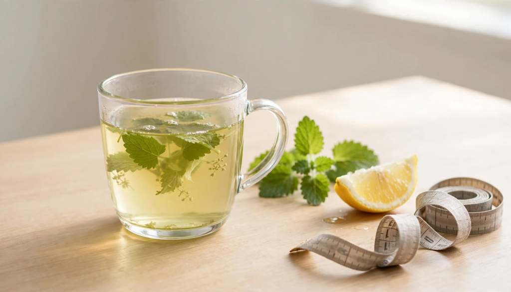 Cup of lemon balm tea beside fresh leaves, a lemon wedge, and a measuring tape