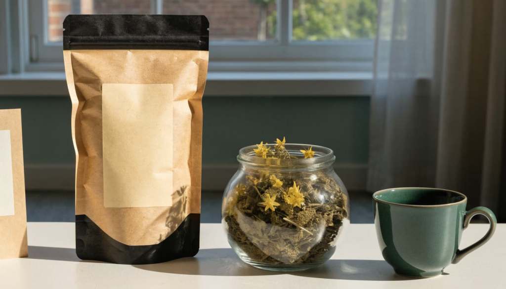 Kraft paper pouch and jar of dried mullein beside a green cup of tea.