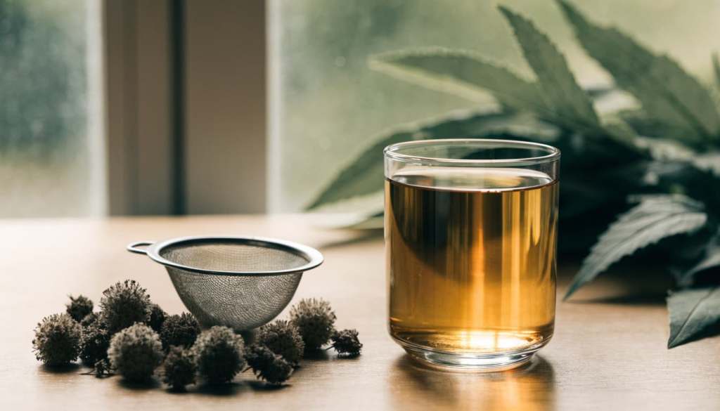 Glass of amber herbal tea beside a tea strainer and dried herbs on a wooden table.